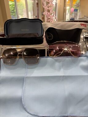Gucci Gold Frame Sunglasses and Ray Ban Pink Tinted Lenses
